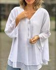 Quorina - Dames Blouse van Chiffon met V-hals en Rits, 3/4 Mouwen, Vloeiende Elegante Stijl