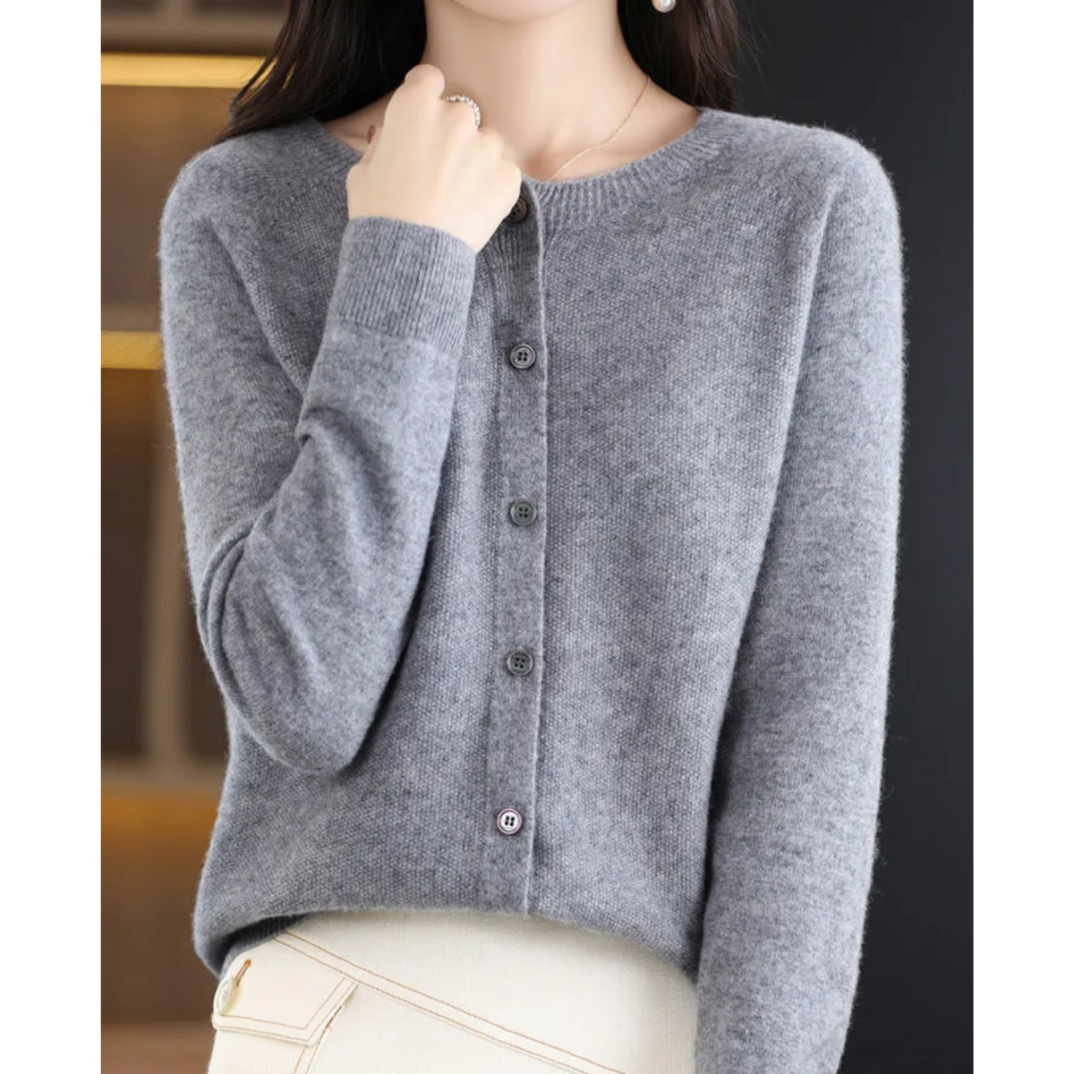 Elyse - 100% Pure Merino Wol Dames O-hals Cardigan Kasjmier Trui