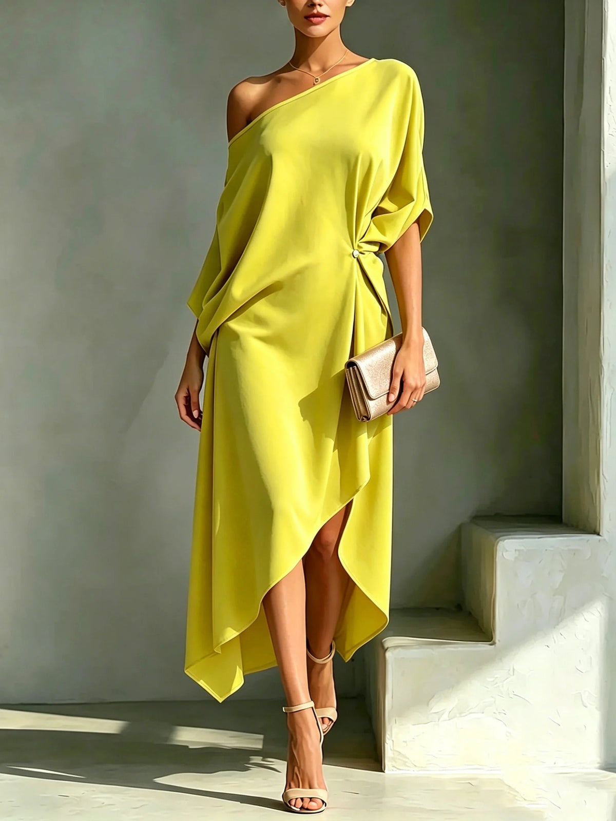 Helovyn - Elegante asymmetrische midi jurk voor dames met één schouder