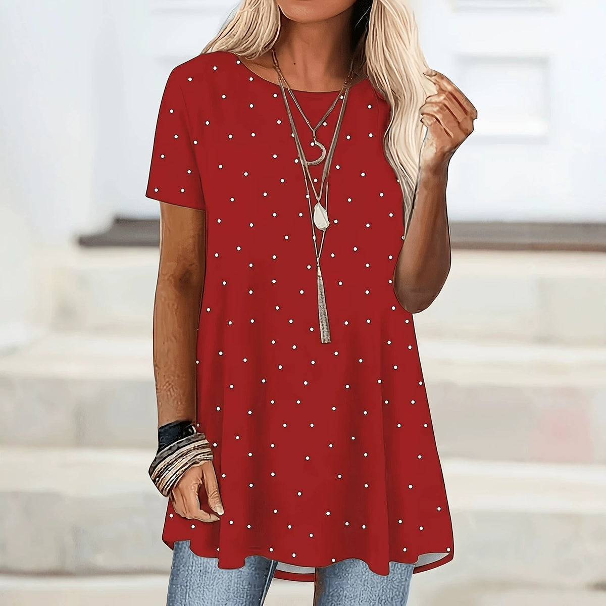 Glysselle - Dames blouse in het wit met stippen en korte mouwen