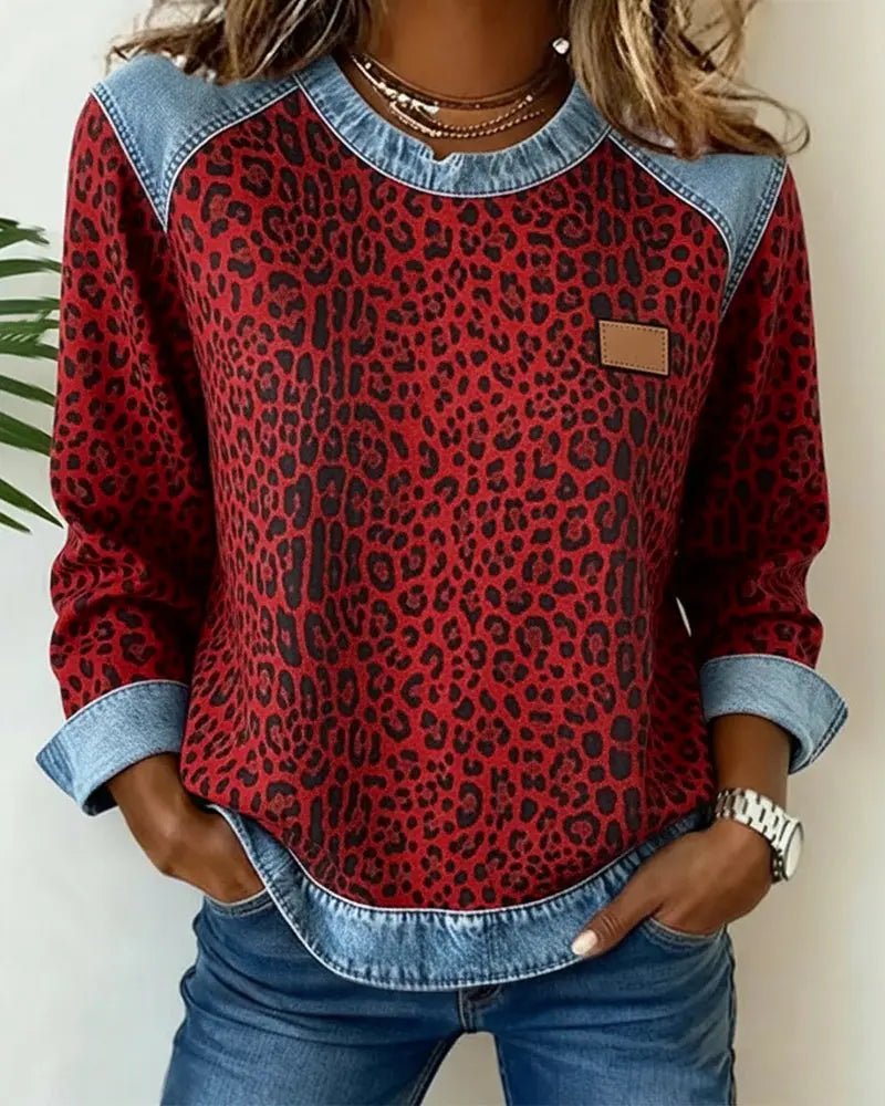 Averelisse - Casual Jeans Patchwork Leoprint Trui