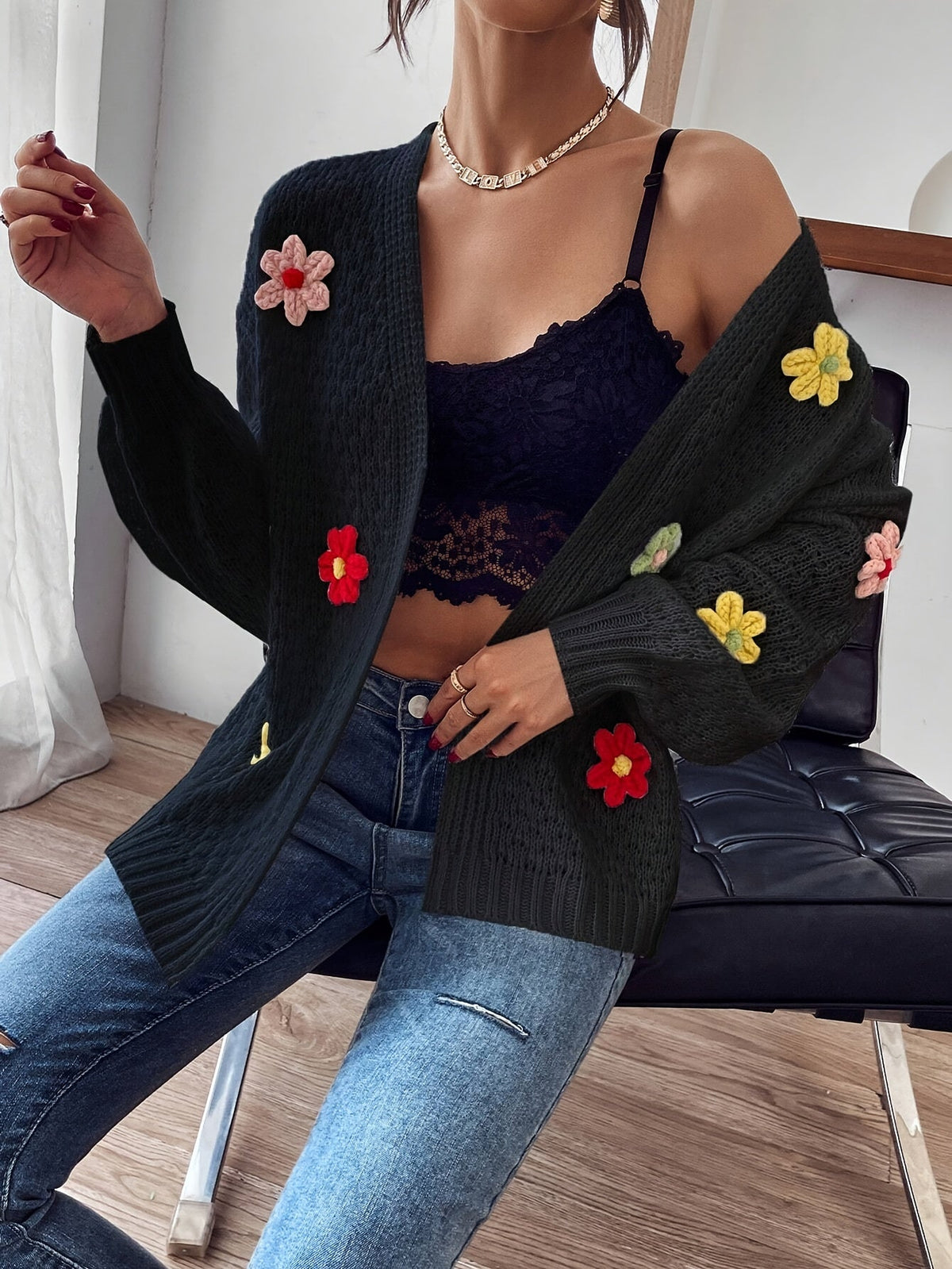 Risette - Gebreid gebloemd vest