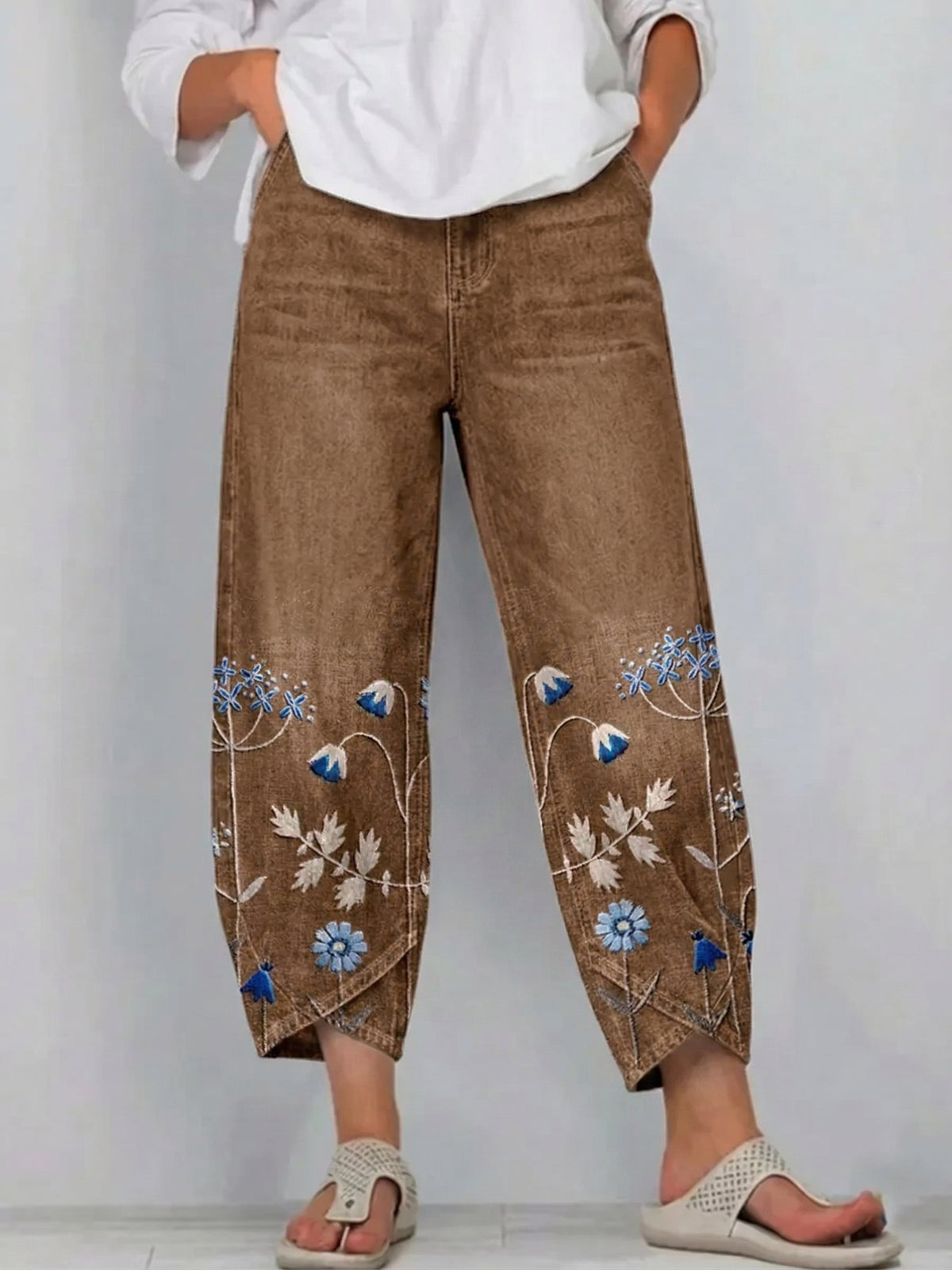 Fiorixa - Dames denim broek met borduurwerk in casual rechte snit