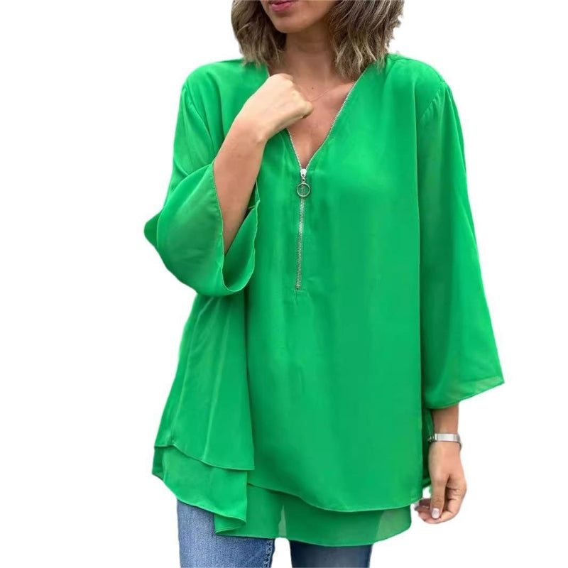 Quorina - Dames Blouse van Chiffon met V-hals en Rits, 3/4 Mouwen, Vloeiende Elegante Stijl