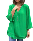 Quorina - Dames Blouse van Chiffon met V-hals en Rits, 3/4 Mouwen, Vloeiende Elegante Stijl