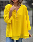 Quorina - Dames Blouse van Chiffon met V-hals en Rits, 3/4 Mouwen, Vloeiende Elegante Stijl