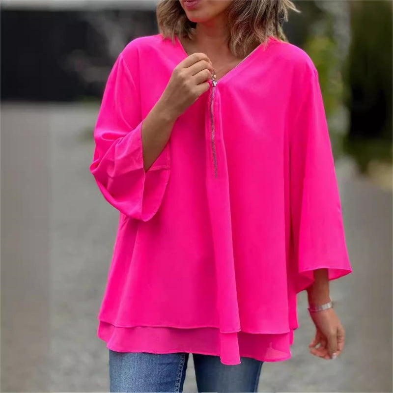 Quorina - Dames Blouse van Chiffon met V-hals en Rits, 3/4 Mouwen, Vloeiende Elegante Stijl